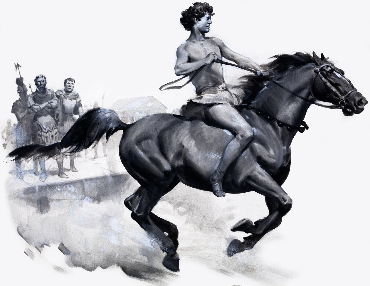 Alexandr Veliký na koni Bucephalus (kvaš na papíře) od James Edwin McConnell