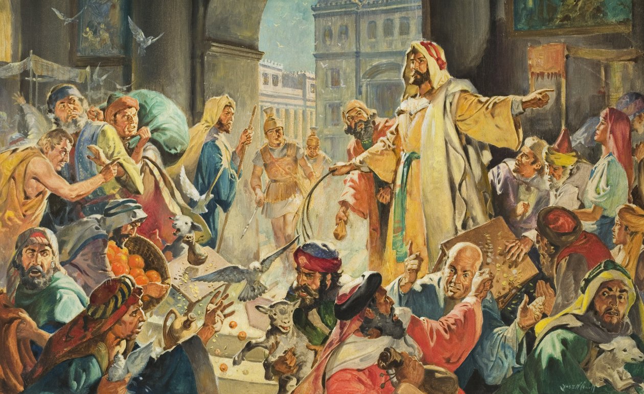 Ježíš odstraňuje lichváře z chrámu (kvaš na papíře) od James Edwin McConnell