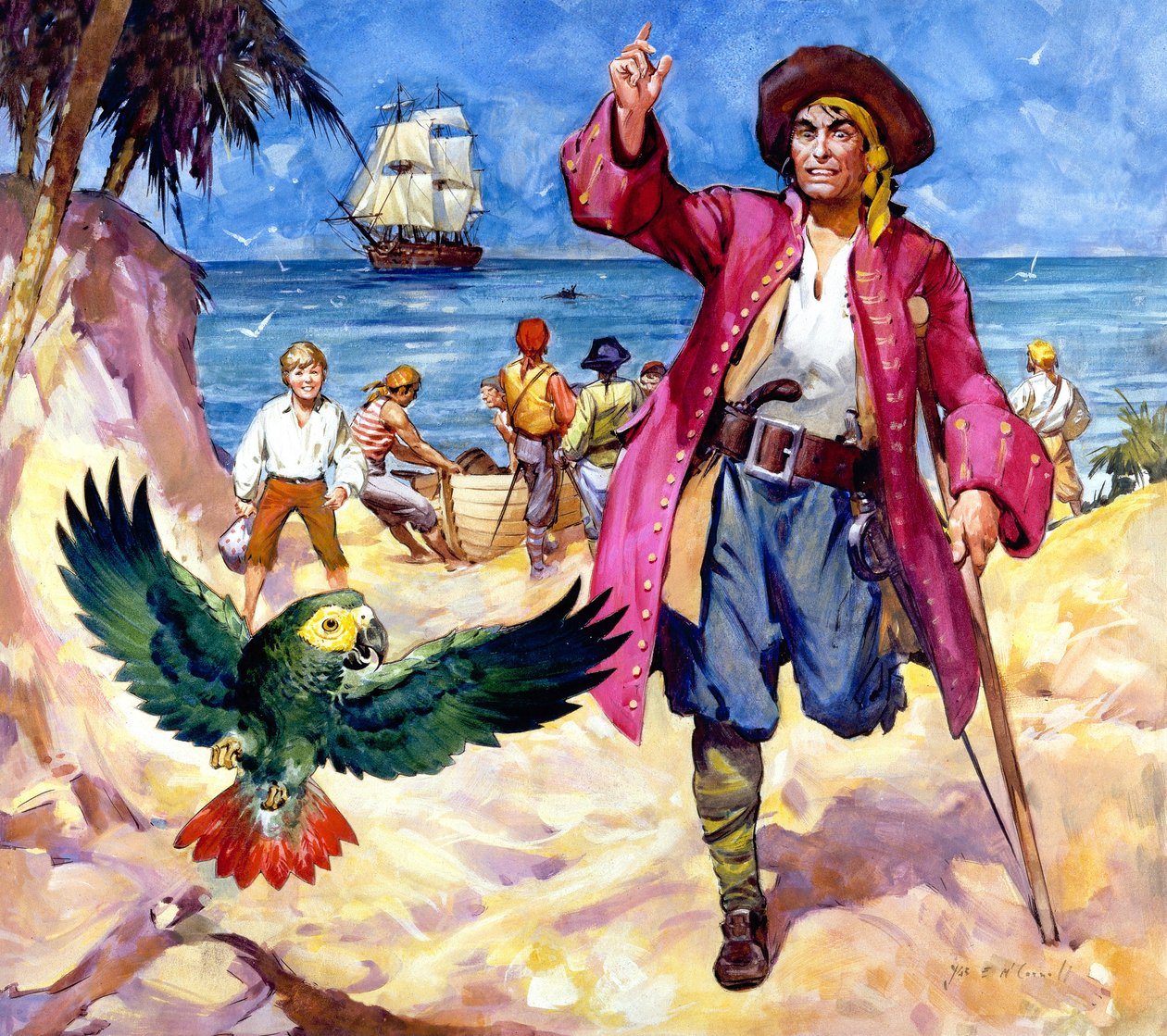 Dlouhý John Silver a jeho papoušek (kvaš na papíře) od James Edwin McConnell