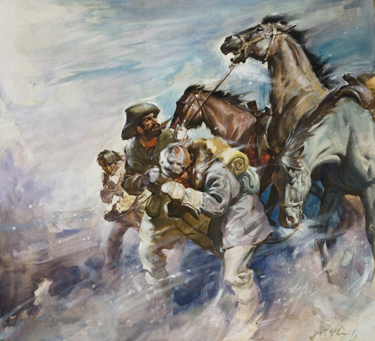 Muži a koně bojující s bouří (kvaš na papíře) od James Edwin McConnell