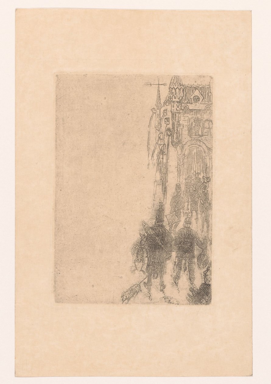 Postavy jdou k bráně s masem a rybami Menu pro Charles Vos od James Ensor