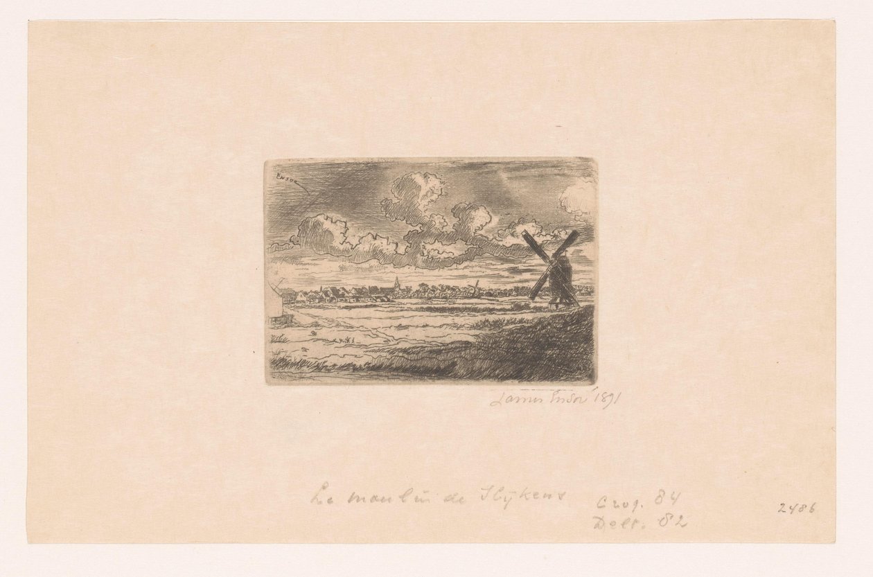 Pohled na Slijkens s mlýnem v popředí Moulin a Slijkens od James Ensor
