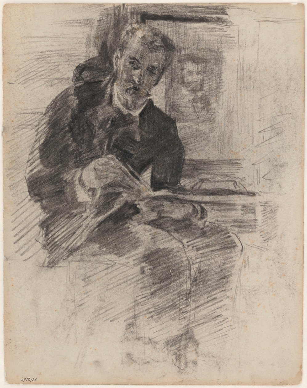 Čtoucí muž (ve skutečnosti: Willy Finch sedící u stolu, s paletou a štětci v ruce) od James Ensor