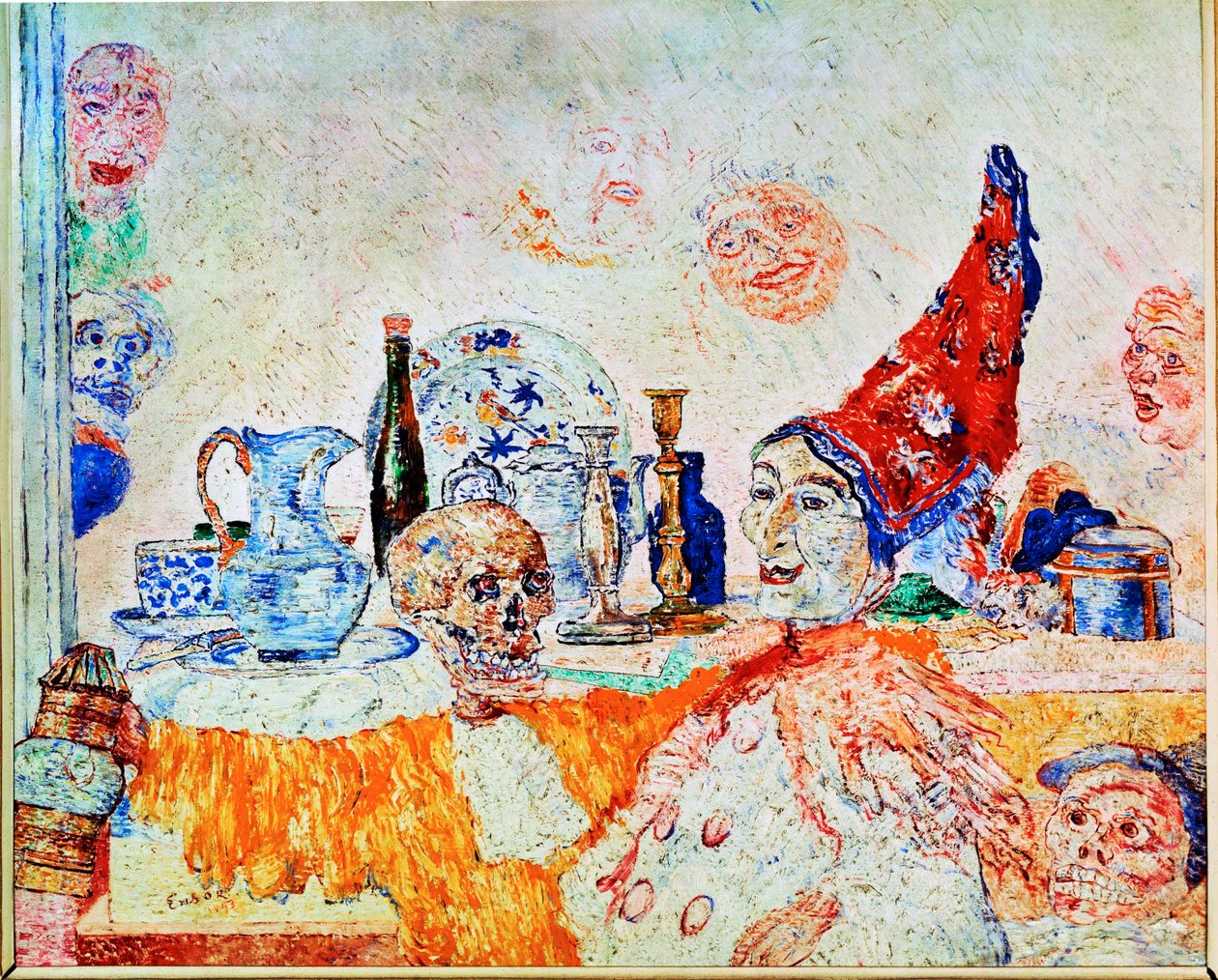 Pierrot a kostlivec ve žlutém (malba na plátně) od James Ensor