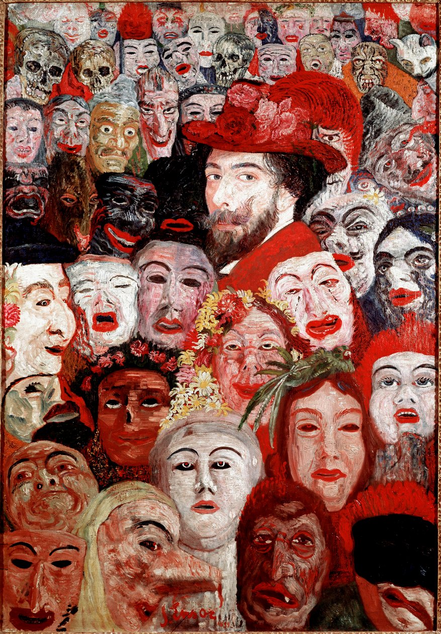 Autoportrét Obklopující masky Obraz od Jamese Ensora (1860-1949) 1899 Dim. 120x180 cm Soukromá sbírka od James Ensor