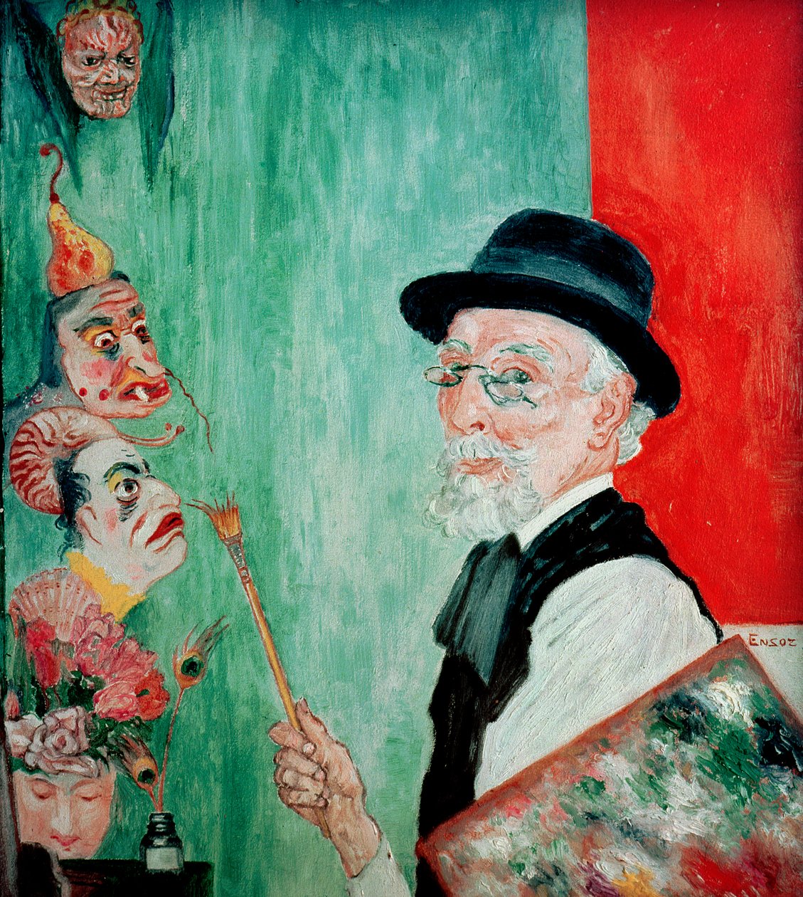 Autoportrét s maskami. 1936 (olej na panelu) od James Ensor
