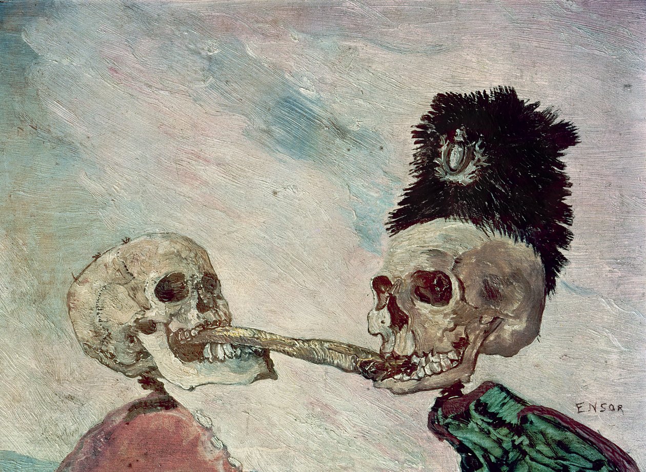 Kostlivci bojující o sledě (olej na panelu) od James Ensor