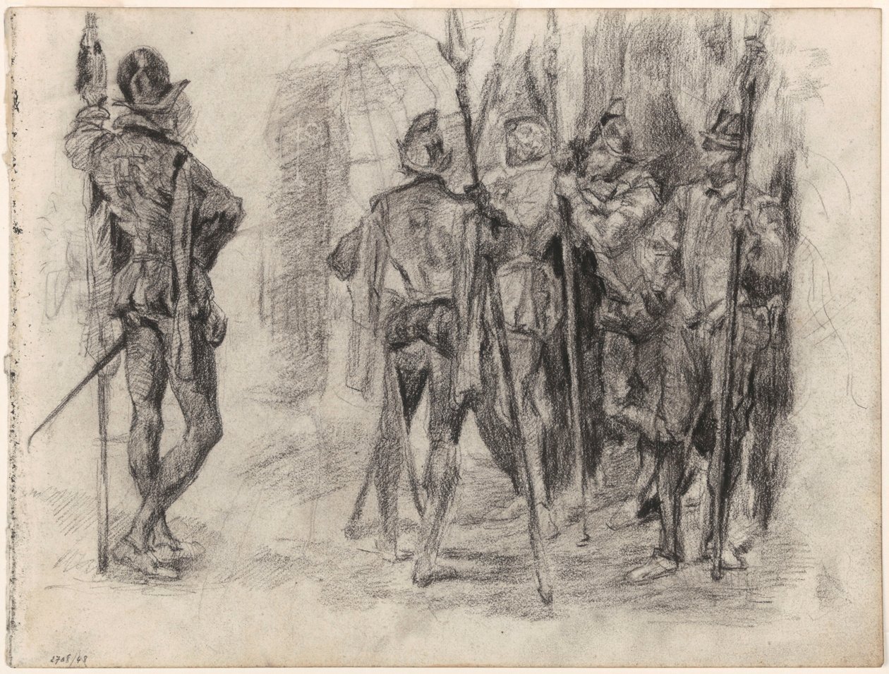 Skici postav a pěti španělských vojáků s kopími od James Ensor