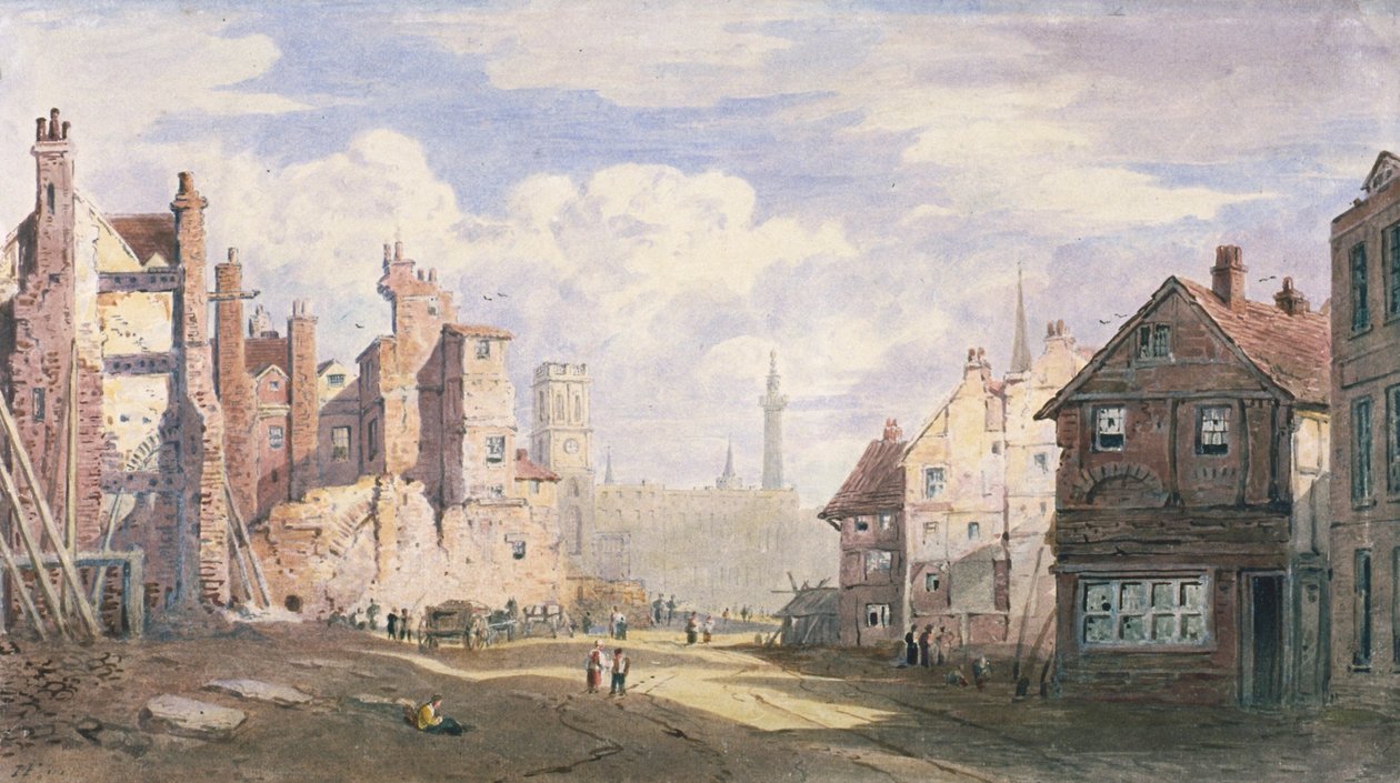 Demolice starých domů poblíž Walbrooku, aby se uvolnilo místo pro King William Street, City of London, 1834 od James Fahey