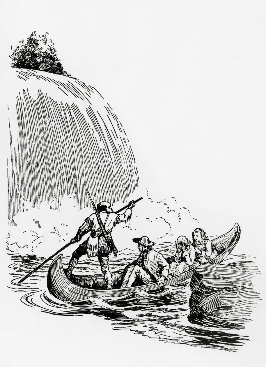 Hlavní postavy na kánoi u vodopádu, ilustrace k Poslednímu Mohykánovi James Fenimore Cooper, Principato Editore, Milán od James Fenimore Cooper