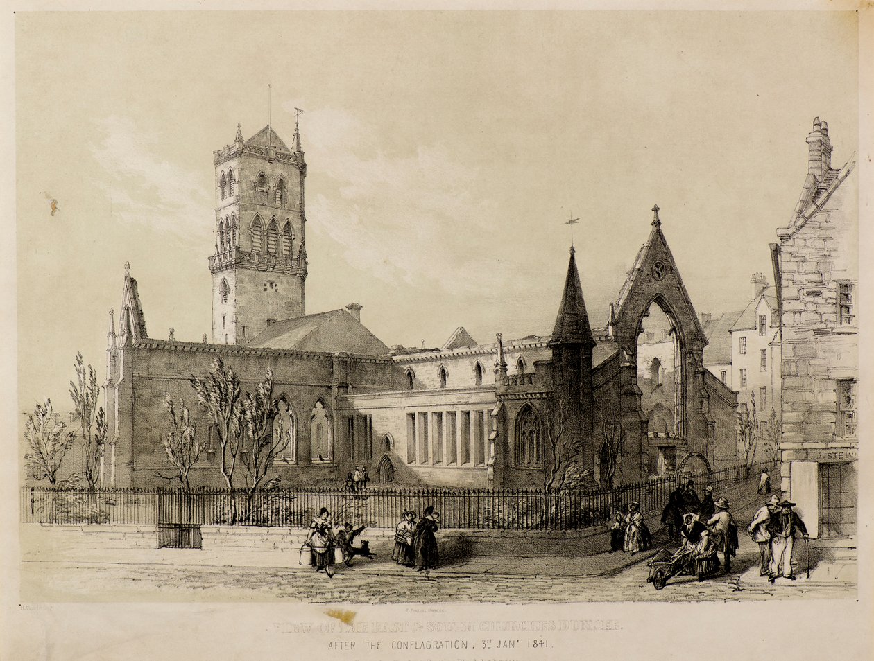 Pohled na východní a jižní kostely, Dundee, po požáru, 3. ledna 1841 od James Fenton