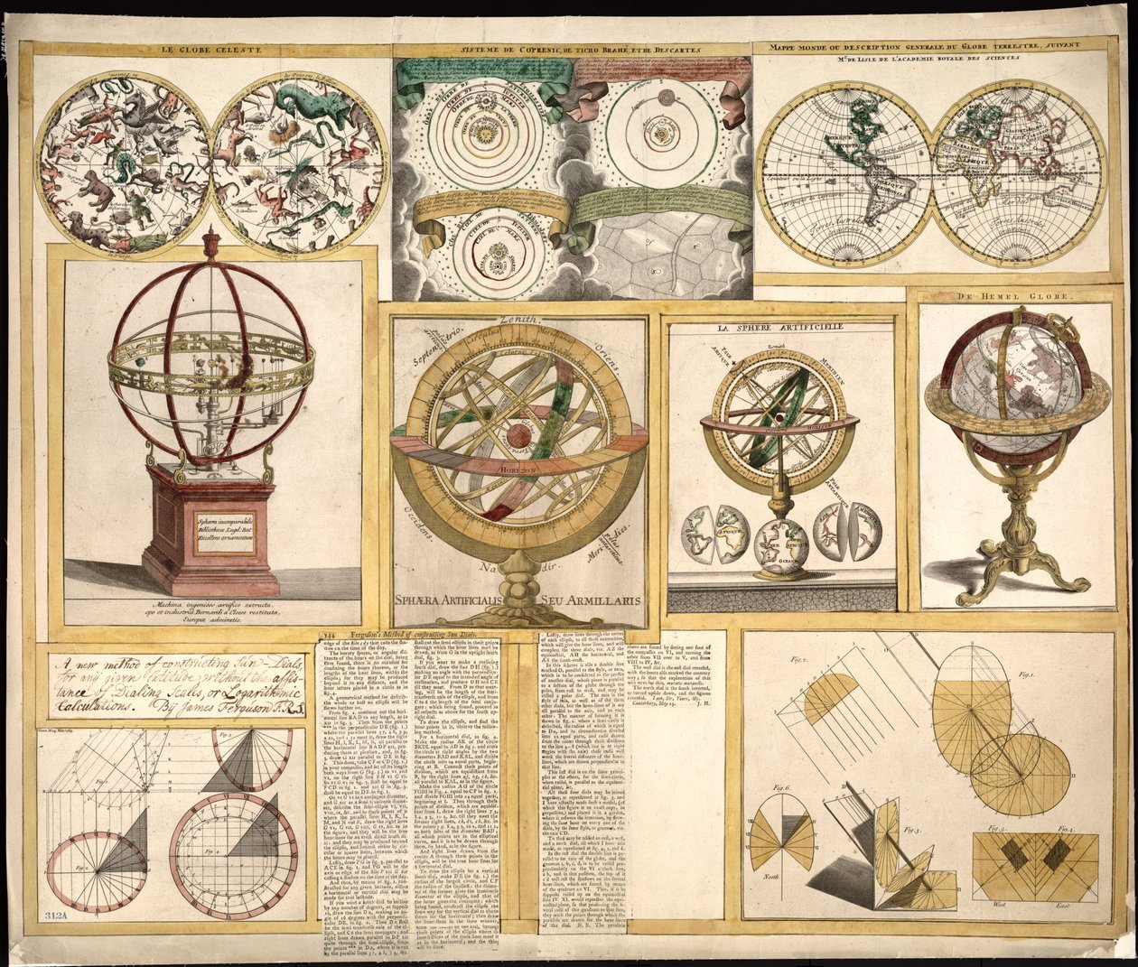 Sbírka devíti obrázků včetně astronomických přístrojů, nebeských map a mapy světa. LOC 2013593153 od James Ferguson