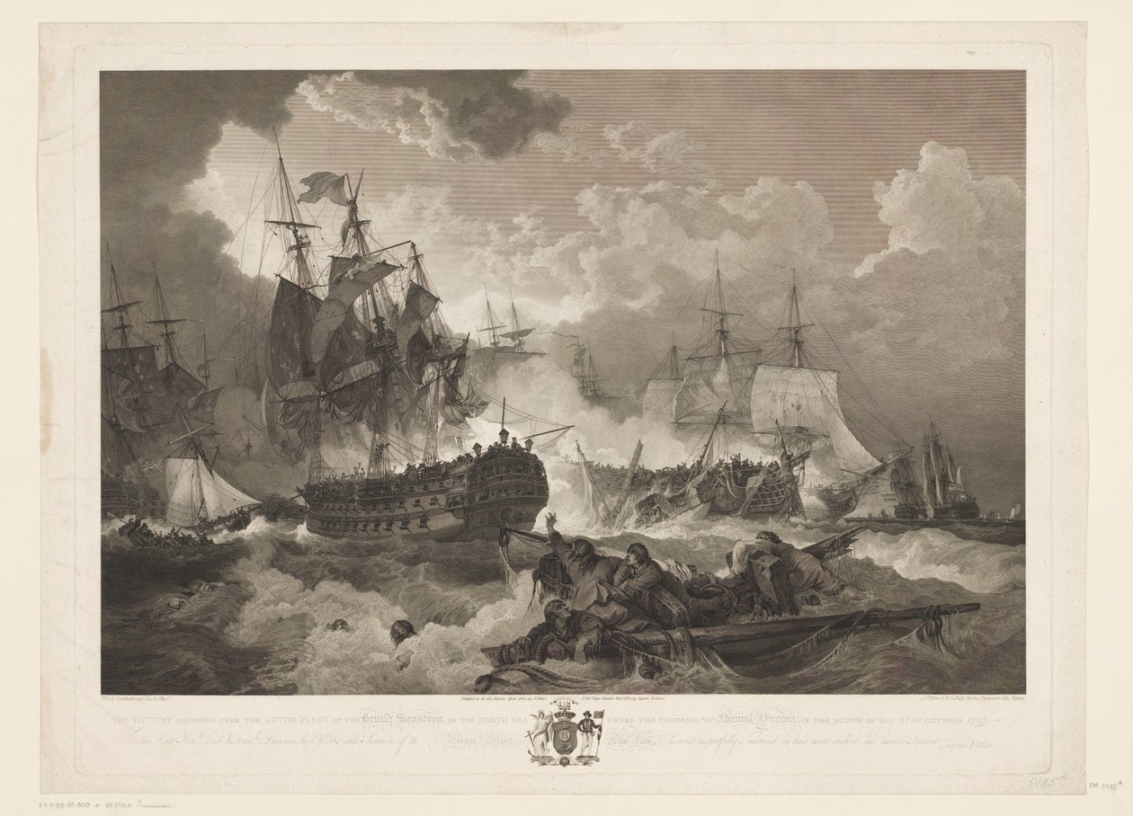 Struska bij Kamperduin, 1797 Vítězství, které nad nizozemskou flotilou získala britská eskadra Severního moře pod velením admirála Duncana v akci 11. října 1797 (název na předmětu) od James Fittler
