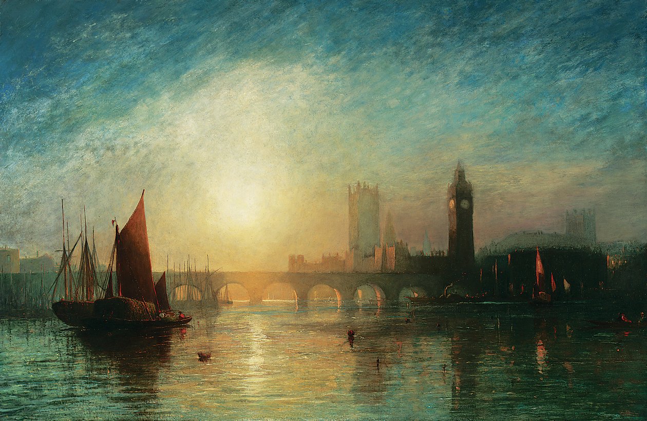 Pohled na Westminster Bridge a Houses of Parliament, s člunem na seno a další lodní dopravou v popředí, 1869 od James Francis Danby