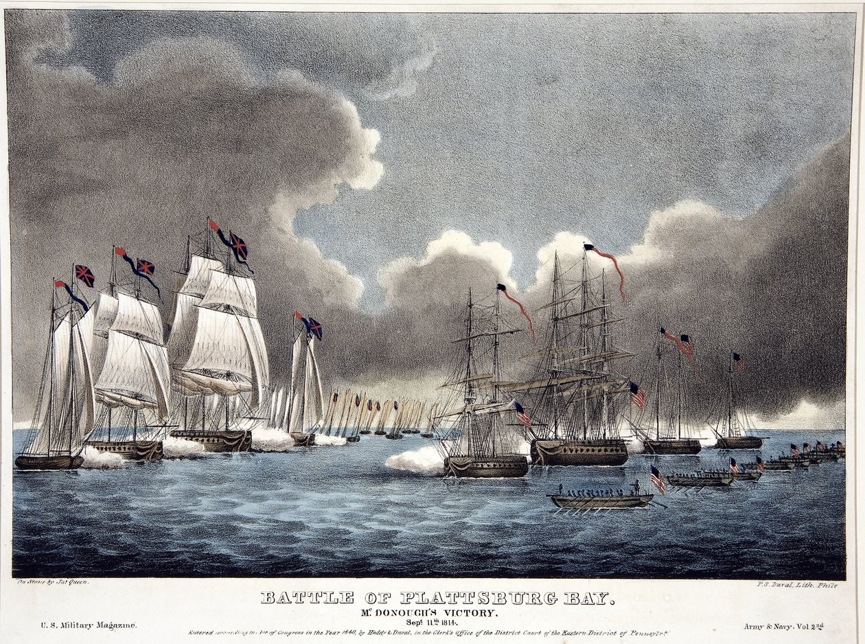 Battle of the Plattsburg Bay: McDonough’s Victory, pub. 1840 (ručně kolorovaná rytina) od James Fuller Queen