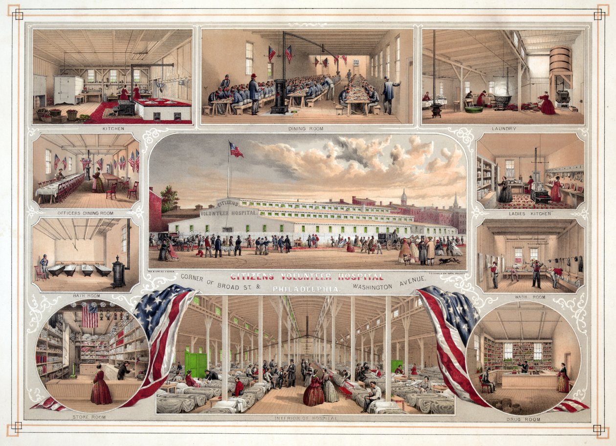 Plakát pro občanskou dobrovolnickou nemocnici, Philadelphia, hospoda. 1862 od James Fuller Queen
