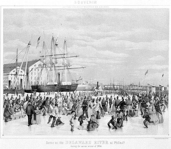 Scéna na řece Delaware ve Philadelphii během kruté zimy roku 1856, kolem roku 1860 (litho) (č/b foto) od James Fuller Queen
