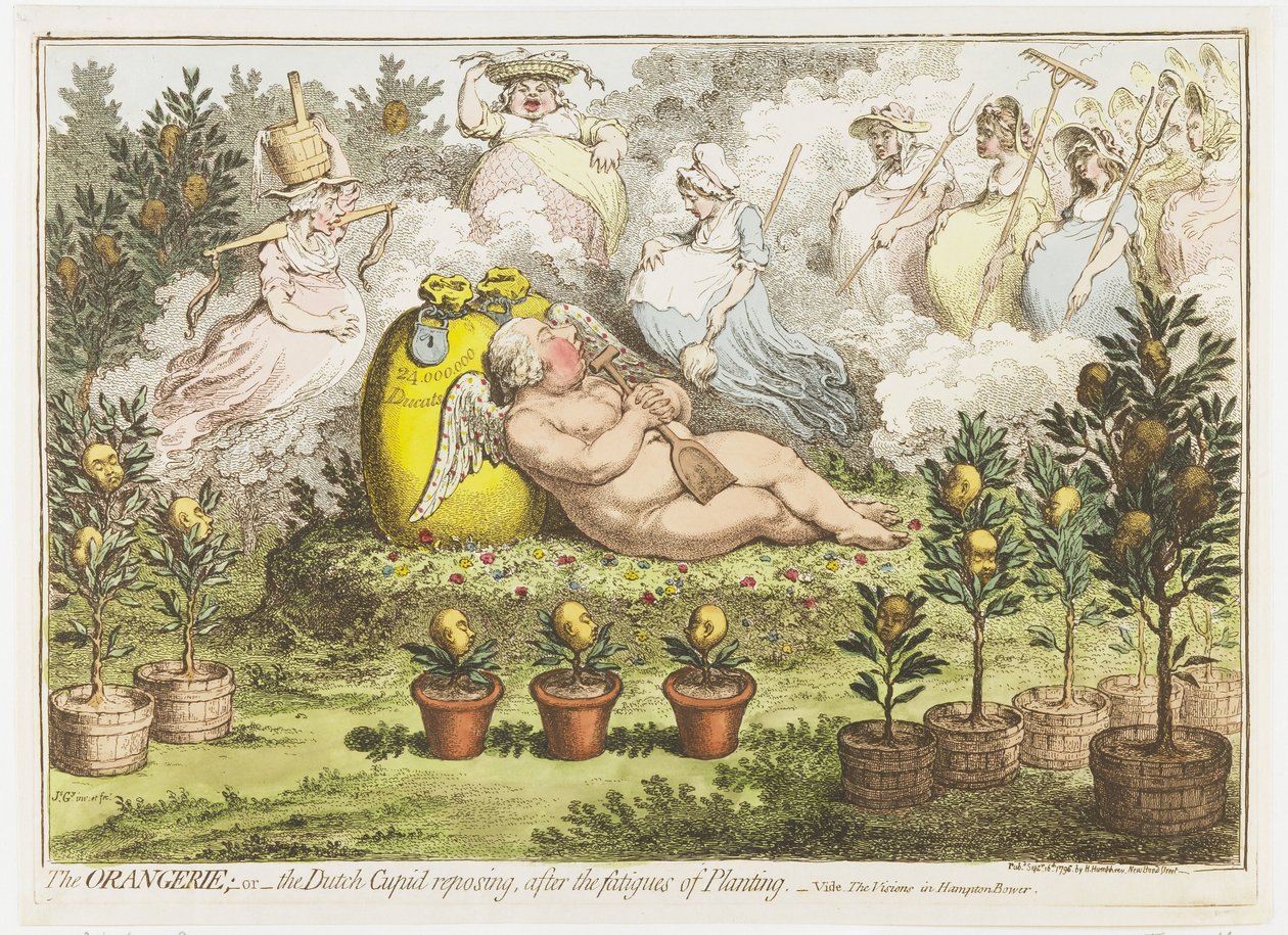 Oranžérie: Holandský Cupid odpočívající od úborů z výsadby, 1796 Oranžerie; nebo holandský Cupid odpočívající po maskách Plantingu (název na objektu) od James Gillray (signed by artist)