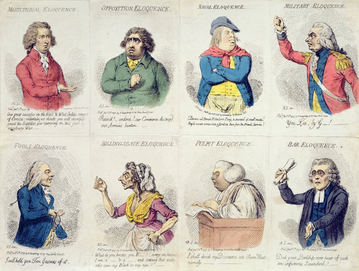 8 vinět zobrazujících výmluvnost, publikovala Hannah Humphrey v roce 1795 (ručně kolorovaný lept) od James Gillray