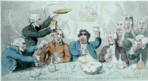 Birminghamský přípitek, jak jej 14. července pronesla Revoluční společnost, vydaný S. W. Foresem v roce 1791 (ručně kolorovaný lept) od James Gillray