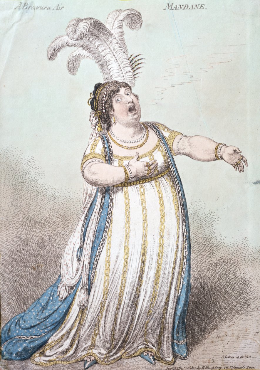 A Bravura Air, Mandane, publikovala Hannah Humphrey v roce 1801 (ručně kolorovaný lept) od James Gillray