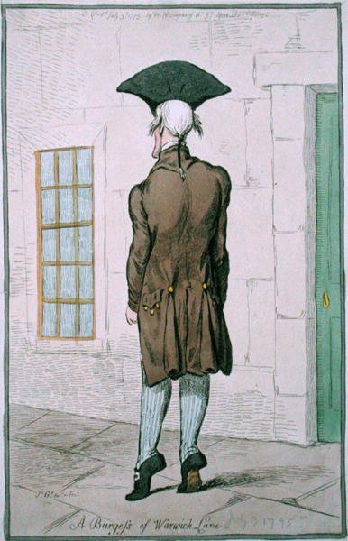 A Burgess of Warwick Lane, vydané Hannah Humphrey v roce 1795 (ručně kolorovaný lept) od James Gillray