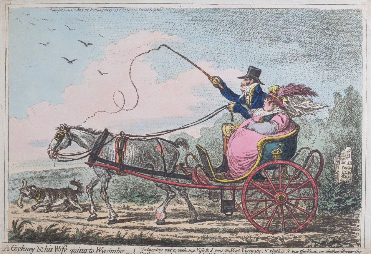 A Cockney and his Wife going to Wycombe, vydané Hannah Humphrey v roce 1805 (ručně kolorovaný lept s akvatintou) od James Gillray