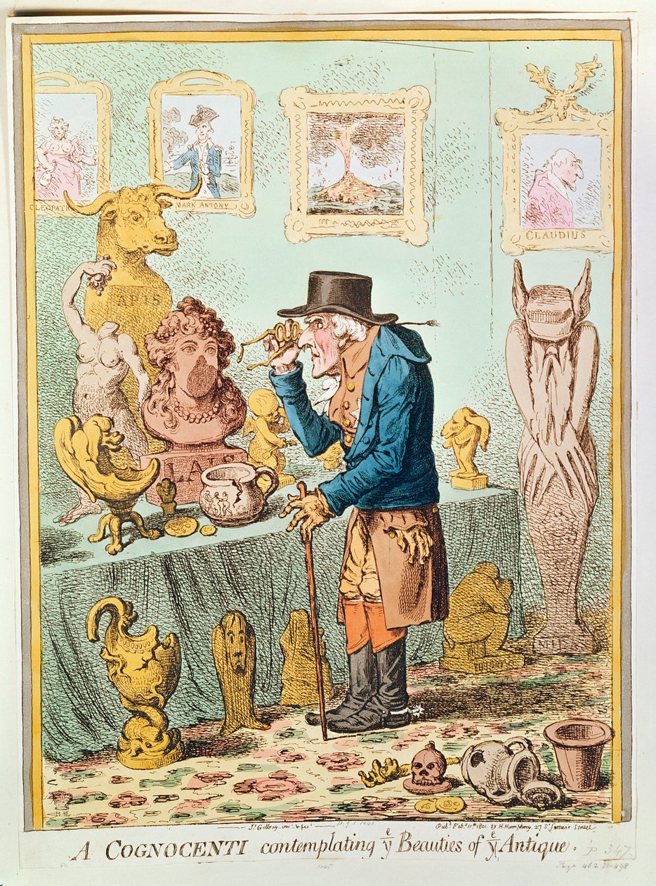 A Cognocenti Contemplating Ye Beauties of Ye Antique, vydal Hannah Humphrey, 1801 (ručně kolorovaný lept) od James Gillray