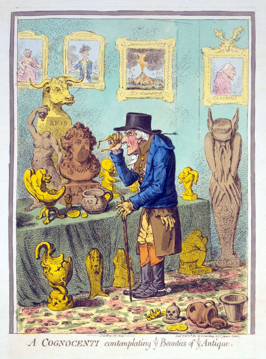 A Cognocenti uvažuje o vás Beauties of Ye Antique, hospoda. Hannah Humphrey, 11. února 1801 (ručně kolorovaná rytina) od James Gillray