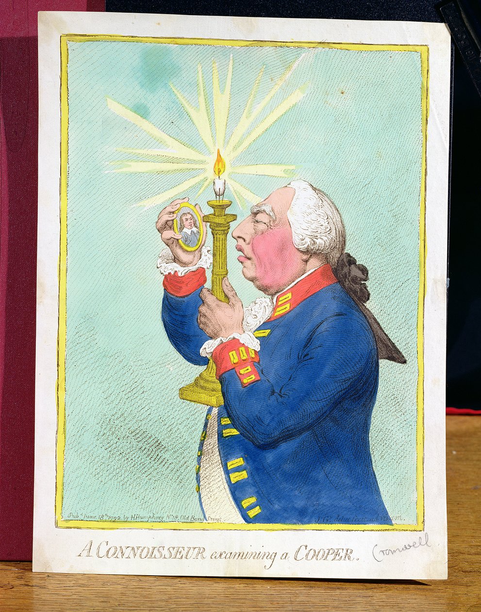 Znalec zkoumající Coopera, George III. (1738-1820) v obavě z nové revoluce, prohlíží Cromwellův portrét, hospoda. od Hannah Humphrey, 1792 od James Gillray