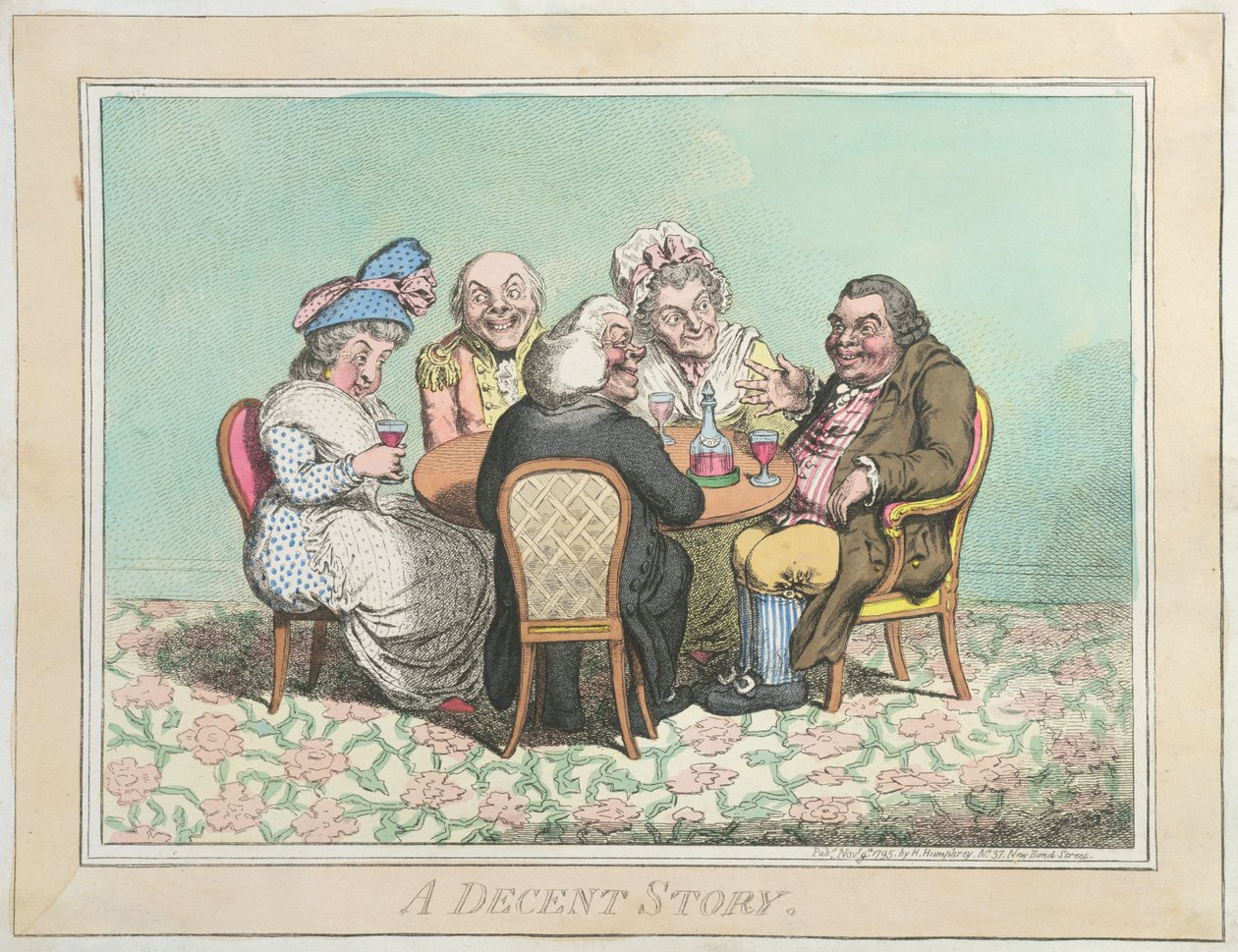 Slušný příběh, publikovala Hannah Humphrey v roce 1795 (ručně kolorovaný lept) od James Gillray