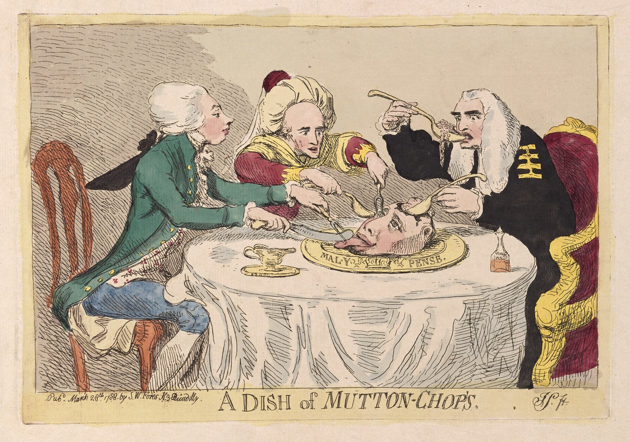 Mísa skopových kotlet, hospoda. 1788 (ručně kolorovaná rytina) od James Gillray