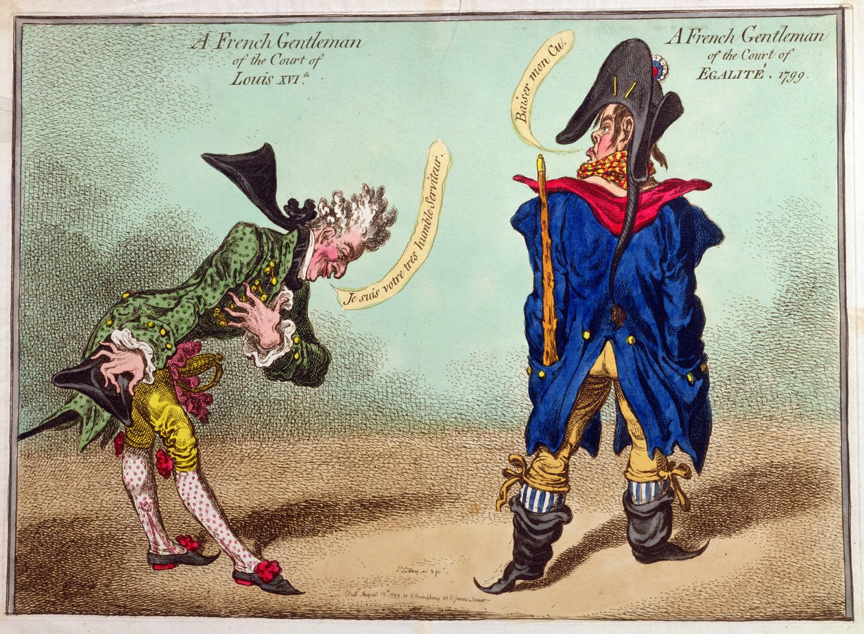 Francouzský gentleman ze dvora Ludvíka XVI. a francouzský gentleman ze dvora rovnostářského, vydáno v roce 1799 (ručně kolorovaný lept) od James Gillray
