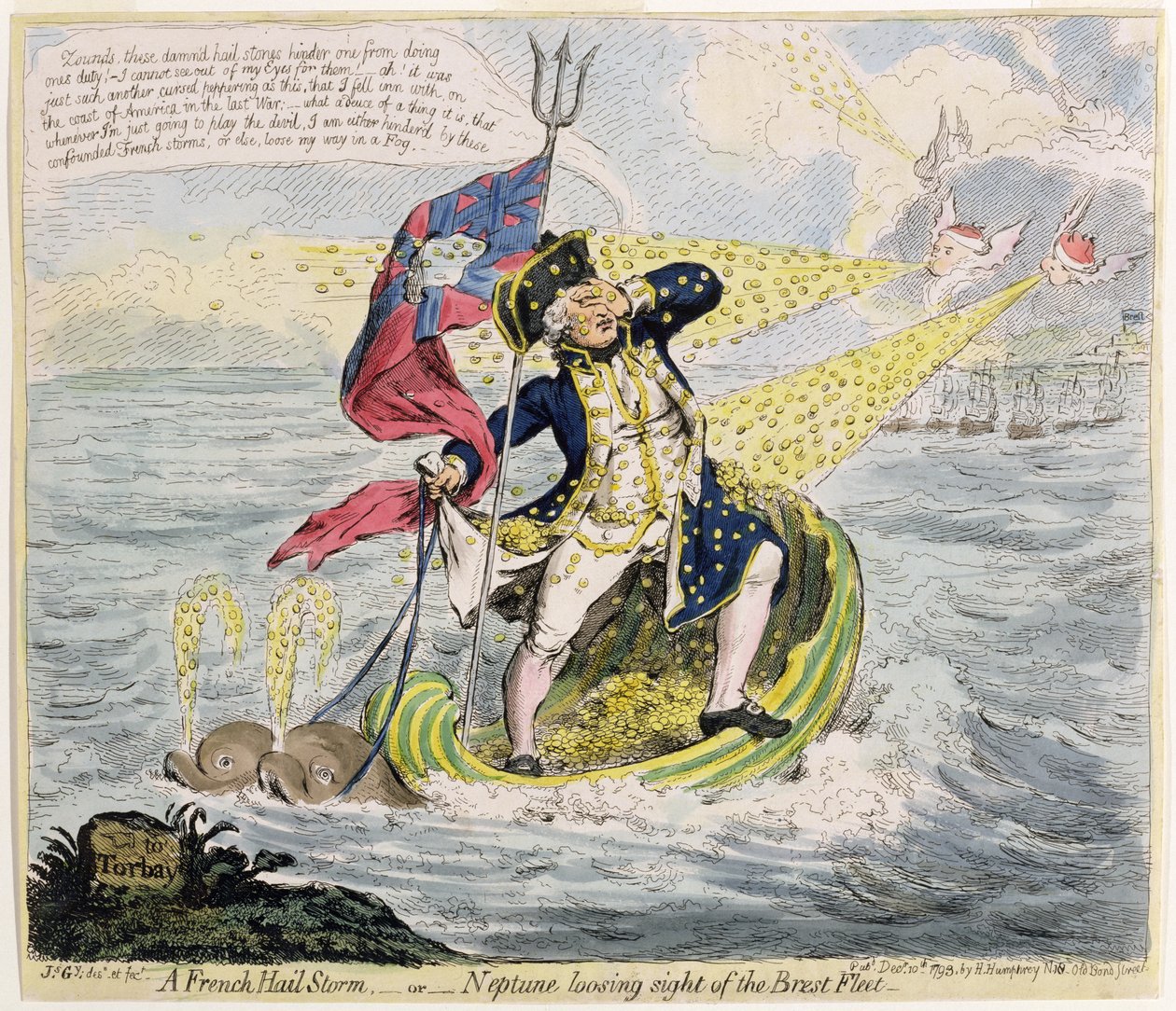 Francouzská krupobití, aneb Neptun ztrácející z dohledu Brestskou flotilu, publikovala Hannah Humphrey v roce 1793 (ručně kolorovaný lept) od James Gillray