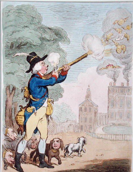 Dobrá střela aneb Billy-Ranger the Game-Keeper v krásné sportovní zemi, kterou vydala Hannah Humphrey v roce 1792 (ručně kolorovaný lept) od James Gillray