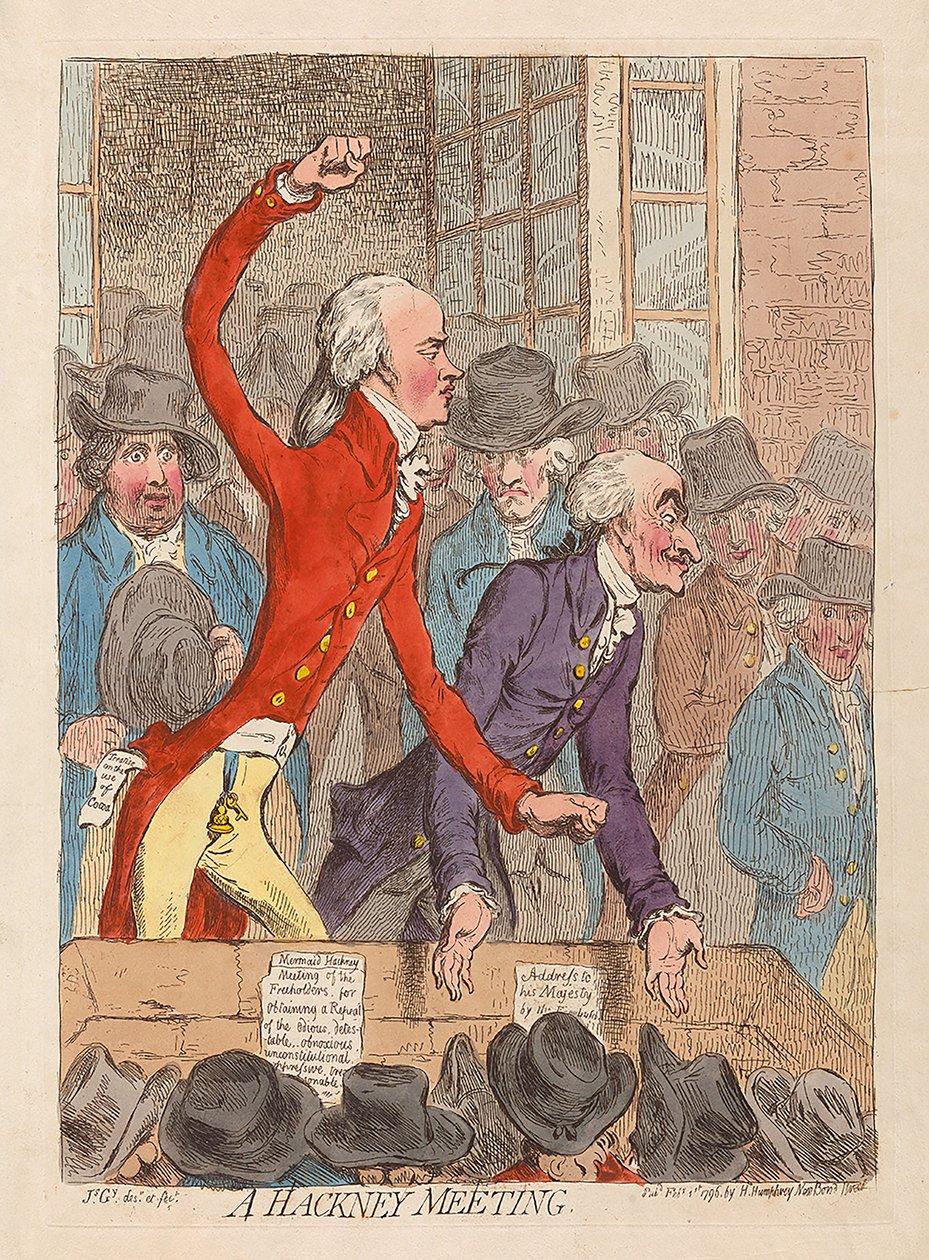 Setkání v Hackney, pub. 1796 (ručně kolorovaná rytina) od James Gillray