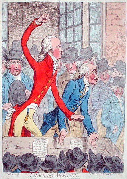 A Hackney Meeting, publikovala Hannah Humphrey v roce 1796 (ručně kolorovaný lept) od James Gillray