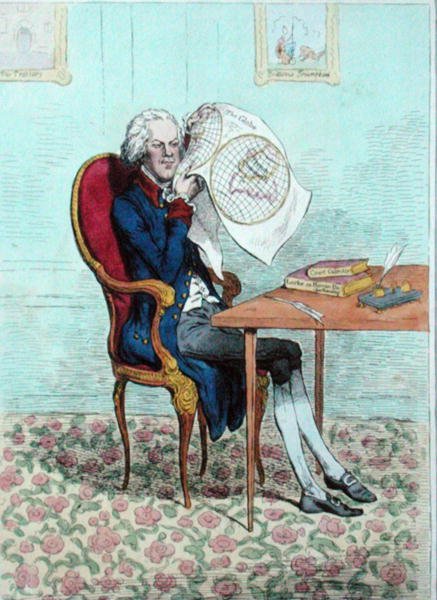 Bystrozraký politik zjišťující britské výboje, publikoval Hannah Humphrey v roce 1795 (ručně kolorovaný lept) od James Gillray