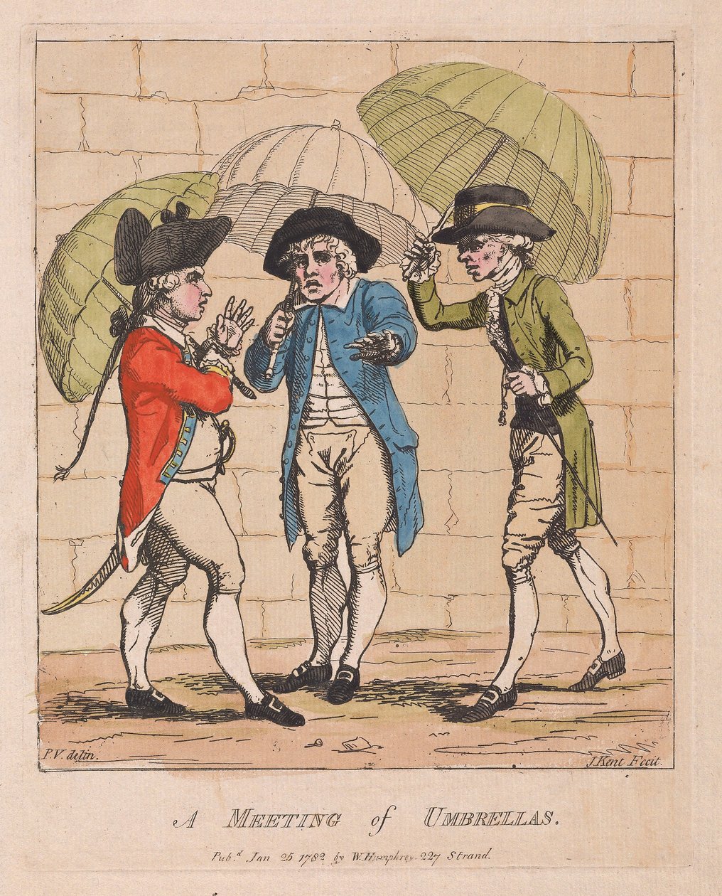Setkání deštníků, hospoda. 1782 (ručně kolorovaná rytina) od James Gillray