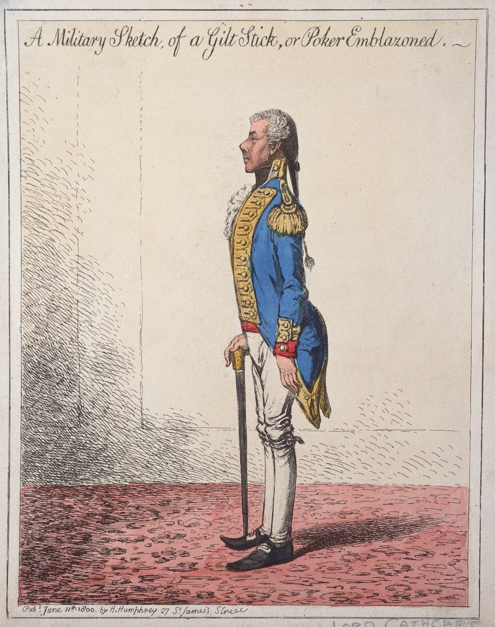 Vojenský náčrtek pozlacené hole neboli pokeru s emblémem, vydaný Hannah Humphreyovou v roce 1800 (ručně kolorovaný lept) od James Gillray
