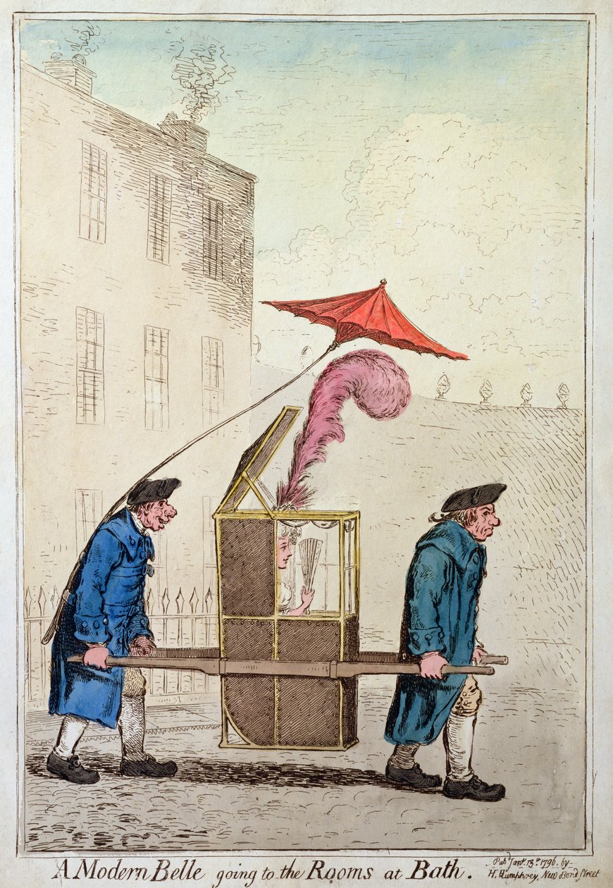 Moderní kráska jdoucí do pokojů v Bathu, vydala Hannah Humphrey v roce 1796 (ručně kolorovaný lept) od James Gillray