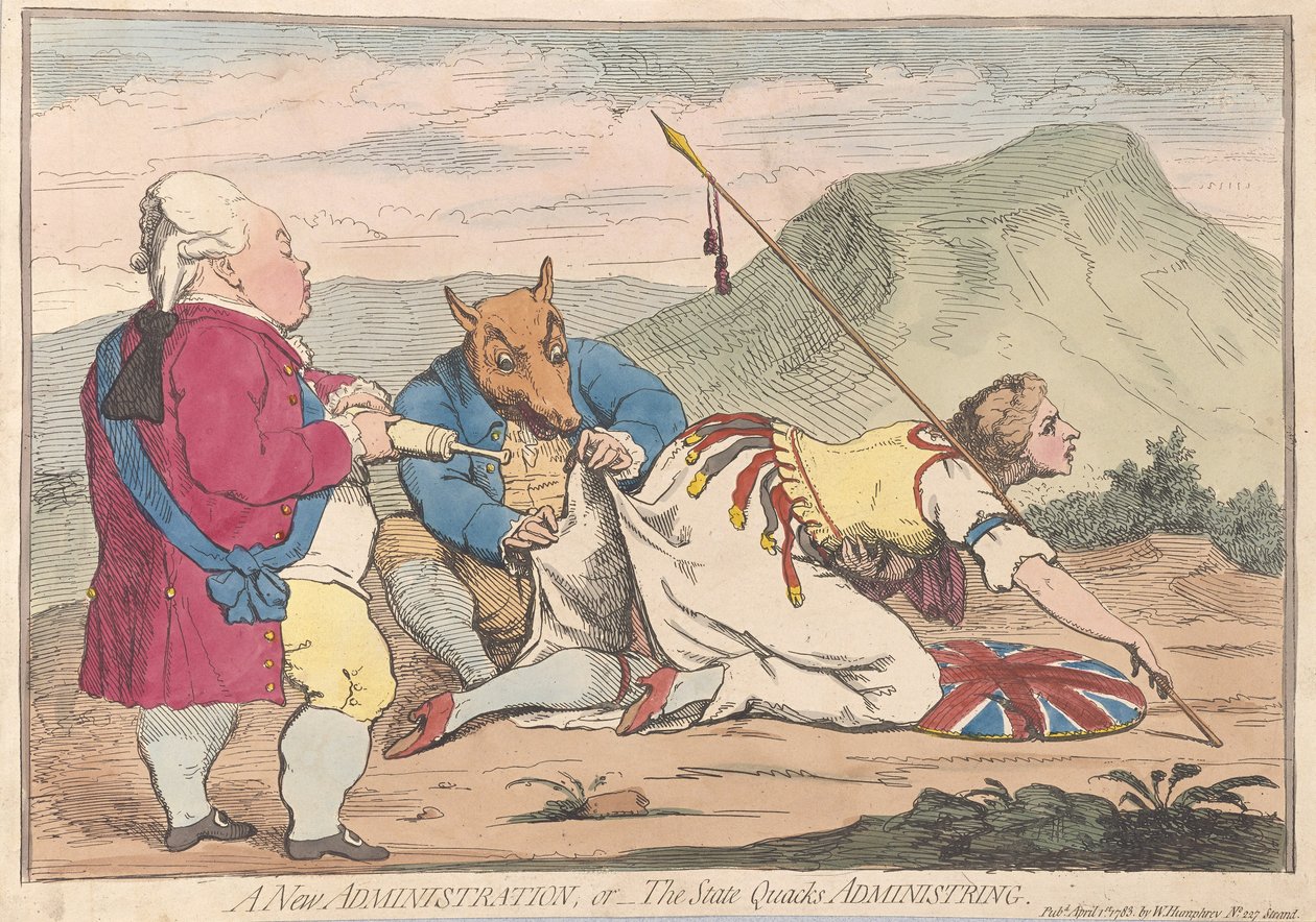 Nová administrativa aneb Státní šarlatáni administrují, pub. 1783 (ručně kolorovaná rytina) od James Gillray