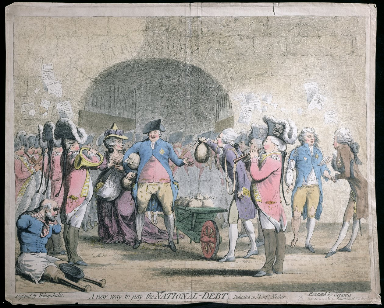 A New Way to Pay the National Debt, vydáno W. Hollandem v roce 1786 (ručně kolorovaný lept a rytina) od James Gillray