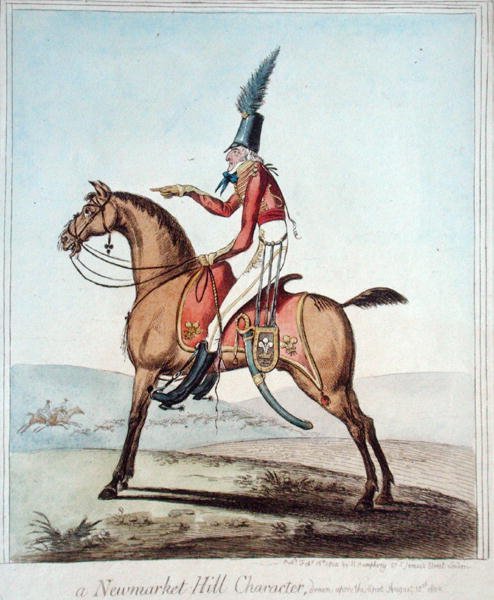Postava z Newmarket Hill, nakreslená na místě, 18. srpna 1802, publikovala Hannah Humphrey v roce 1804 (ručně kolorovaný lept) od James Gillray