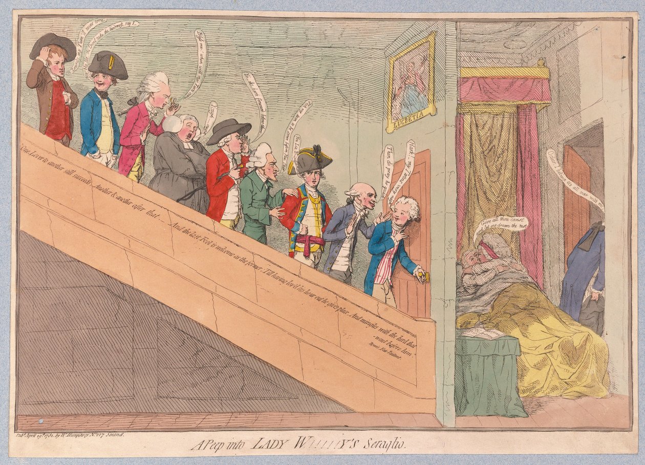 A Peep into Lady W!!!!!ys Seraglio, hospoda. 1782 (ručně kolorovaná rytina) od James Gillray