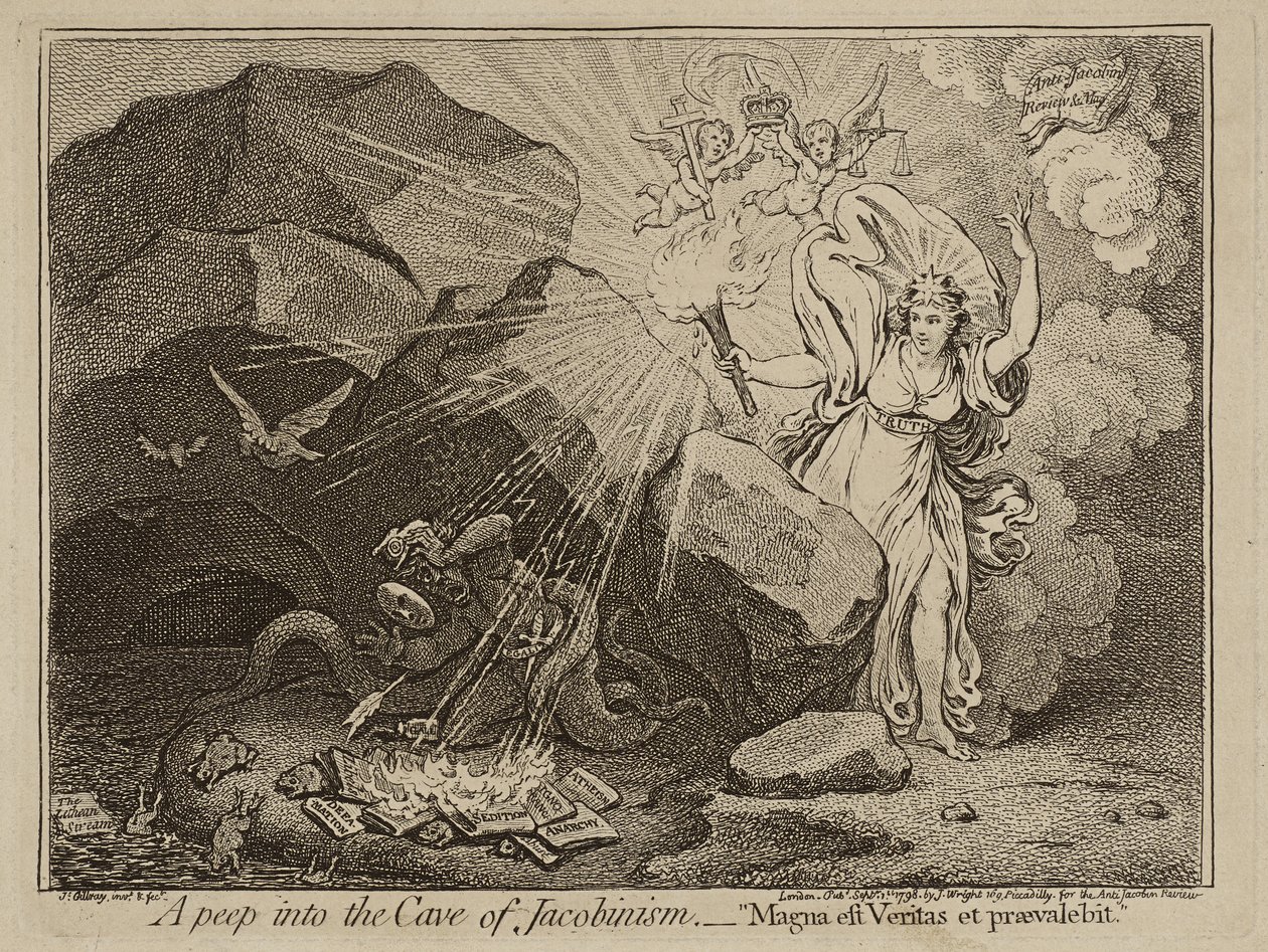 Nahlédnutí do jeskyně jakobinismu aneb Magna est Veritas et praevalebit, 1798 (lept na papíře) od James Gillray