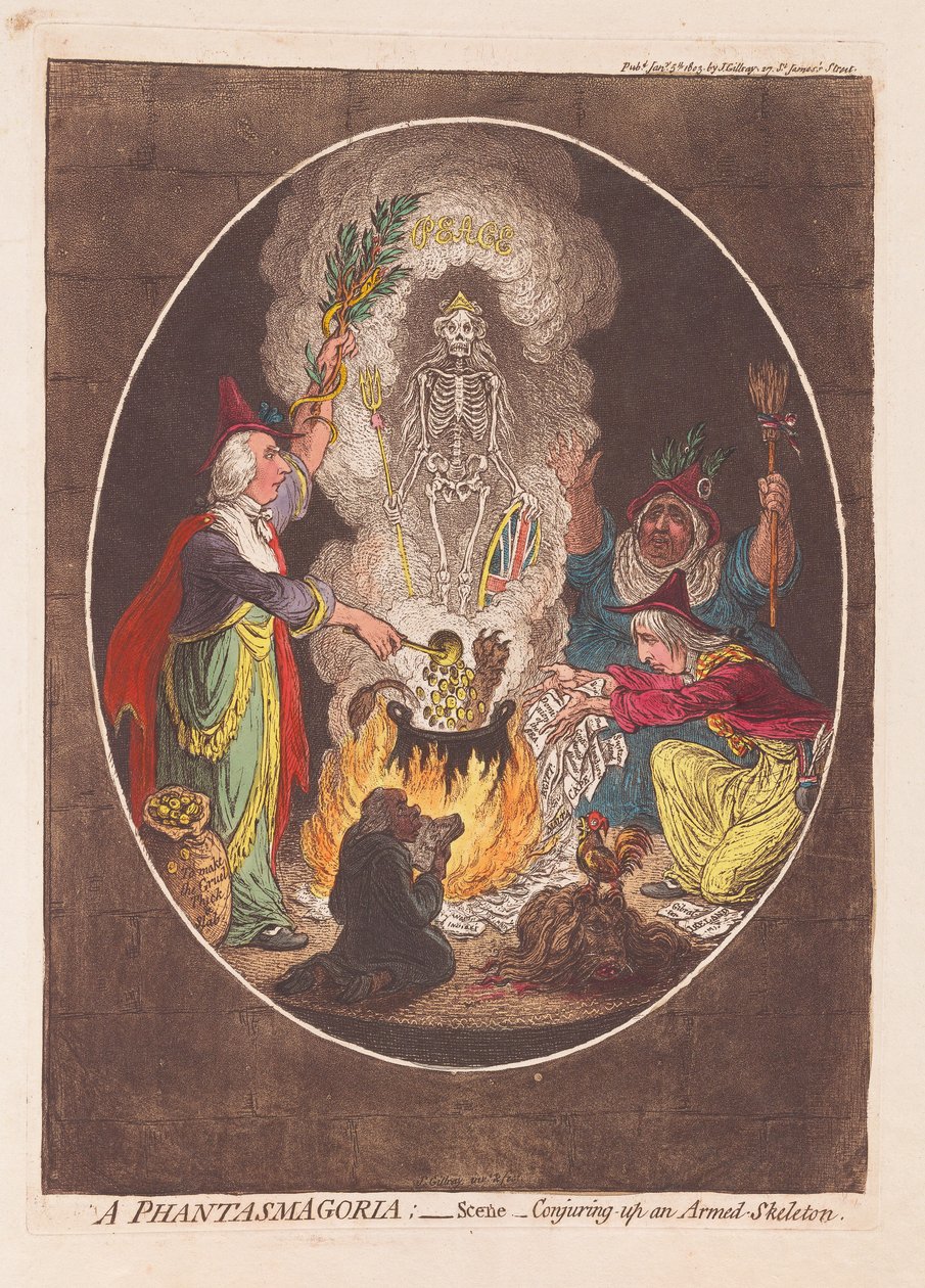 A Phantasmagoria: Scene - Vykouzlení ozbrojeného kostlivce, hospoda. 1803 (ručně kolorovaná rytina) od James Gillray