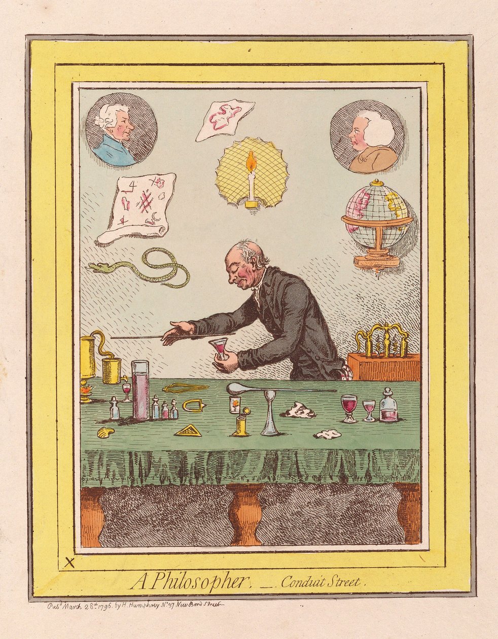 A Philosopher: Conduit Street, hospoda. 1796 (ručně kolorovaná rytina) od James Gillray