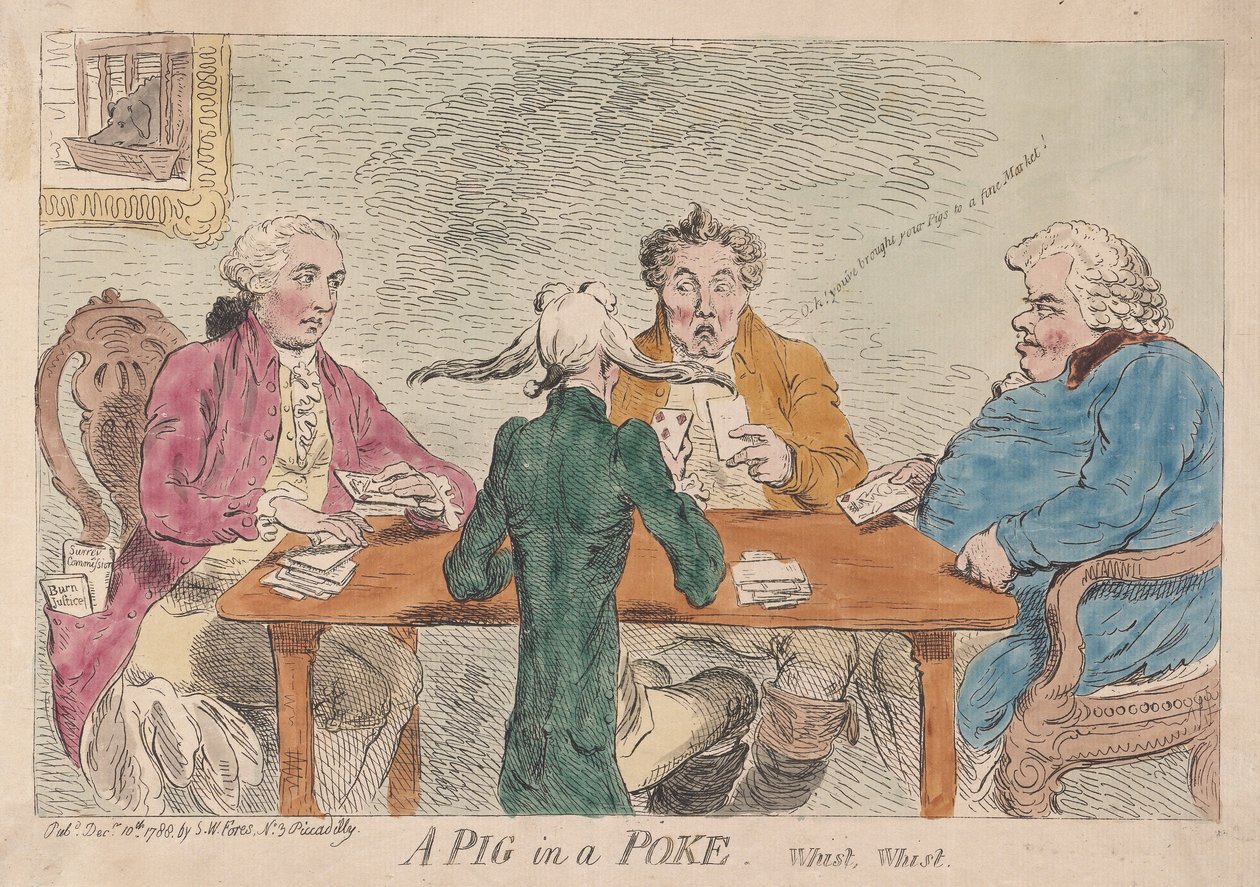 Prase v hrabání, Whist, Whist, hospoda. 1788 (ručně kolorovaná rytina) od James Gillray
