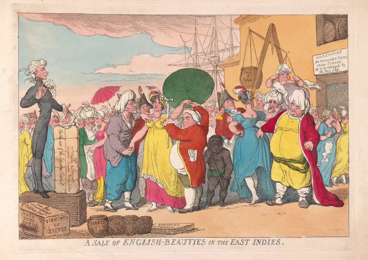 Prodej anglických krásek ve Východní Indii, pub. 1786 (ručně kolorovaná rytina) od James Gillray